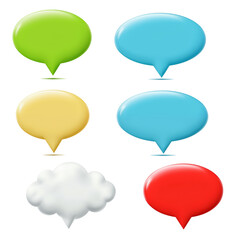 Set of six vibrant multicolored speech bubbles and cloud shapes isolated on a black background for communication concepts transparent background