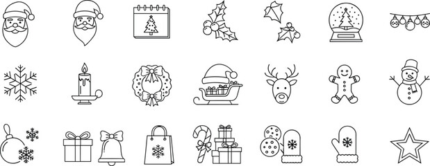 Fototapeta premium Christmas and Winter Holiday Line Icons Set Featuring Santa, Snowman, Reindeer, Gifts, Decorations, Cookies, Wreath, and Seasonal Symbols
