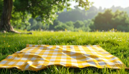 Top View Checkered Picnic Blanket on Grass
