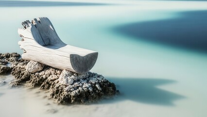 Weathered driftwood sculpture on rocky shoreline by calm sea