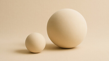 Minimal beige scene with two fabric texture spheres