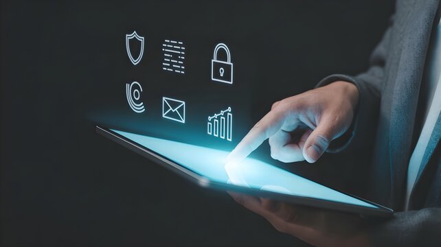 Hand using tablet displaying digital security icon, envelope, shield and lock representing cybersecurity insurance and digital risk protection.