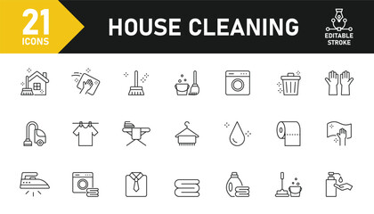 House cleaning line icon set. Set of 21 outline icons related to house cleaning, housekeeping, cleaning, washing, vacuum, mop, vacuum and others. Editable stroke. Vector illustration.