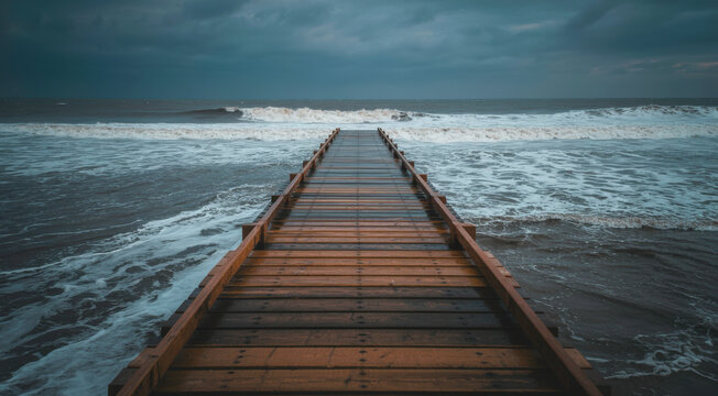 Wooden pier in tropical sea. Wooden pier pointing to pristine island in tropical sea. Concept of simplicity, purpose, direction and infinity.