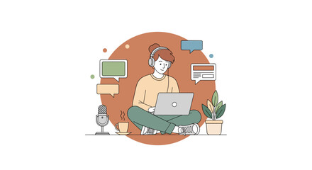 Young woman working on laptop while sitting on the floor with plants  