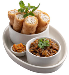 Exquisite Cuisine Display: A mouthwatering display of culinary delights, featuring a serving of spring roll complemented by flavorful sauces, arranged with elegant presentation.
