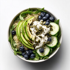 Fresh Salad Bowl: A vibrant and appetizing salad bowl, artfully arranged with avocado, blueberry, cucumber, and pumpkin seeds, embodying the essence of healthy eating.