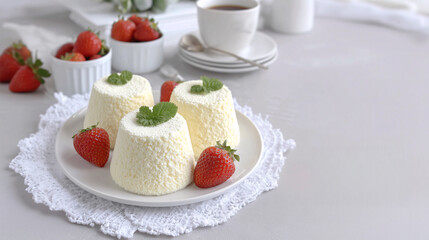 Creamy Delights: A culinary masterpiece unfolds, showcasing a trio of meticulously crafted desserts. Garnished with fresh mint and luscious strawberries, these treats are perfectly arranged.