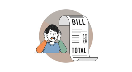 Worried man holding his head, looking at long bill on table  