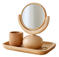 Mirror in the Daylight: A modern vanity setup, featuring a round mirror, small cylindrical ceramic cup and a tray, crafted from light-colored wood, bathed in the gentle glow of daylight.
