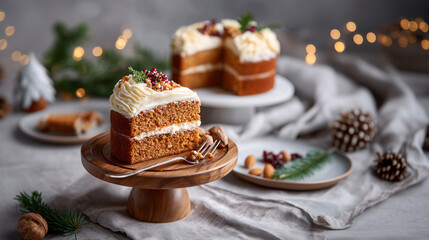 A Slice of Delight: A beautifully presented slice of carrot cake, topped with cream cheese frosting and walnuts. This delectable dessert, showcasing a warm color palette, is ready to be savored.