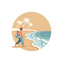 Man walking along sandy beach with ocean waves and palm trees   