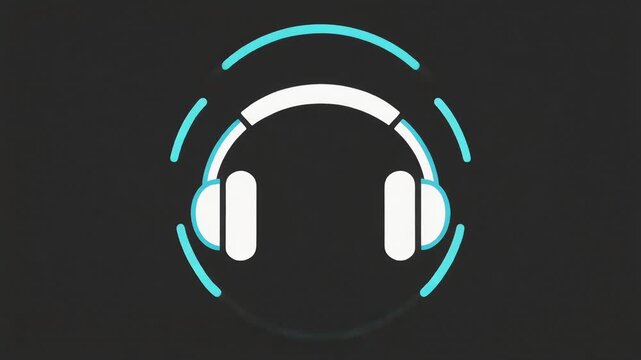 Headphones icon with pulsating sound waves representing music, podcast, or audio.
