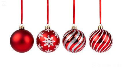 A row of four different red christmas ornaments hanging on a black background. isolated on transparent background