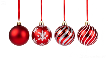 A row of four different red christmas ornaments hanging on a black background. isolated on transparent background