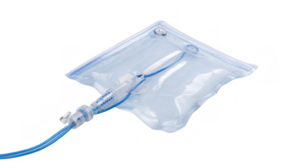 Gloved hand holding a catheter output bag containing a syringe with red liquid, isolated on a transparent background, provides a sterile and informative view for medical and healthcare content