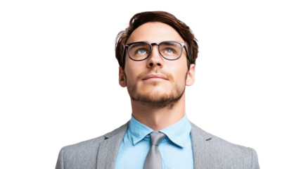A handsome young professional manager in a corporate suit and tie wearing glasses smiles with a confident expression for a studio portrait of a successful businessman on a white background