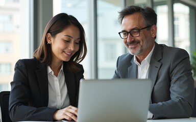 Obraz premium Middle age man and woman business workers using laptop working at office. High quality. High quality