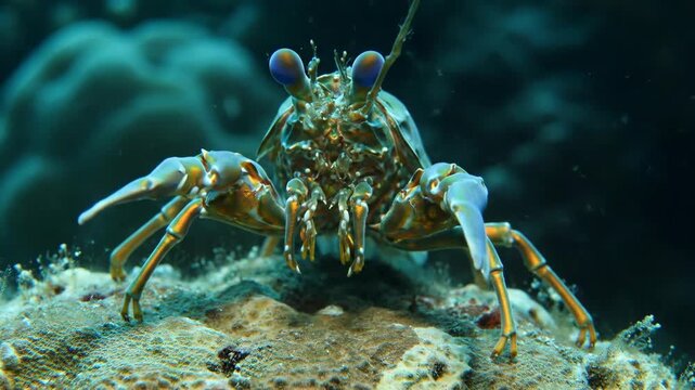 Colorful mantis shrimp underwater in natural ocean habitat, macro