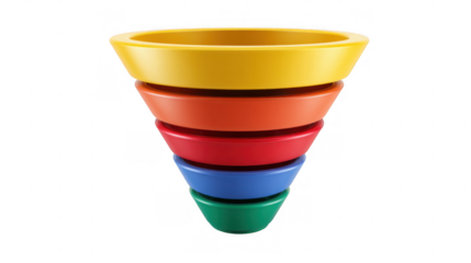 Multicolored sales funnel representing the different stages of customer journey, from awareness to purchase, isolated on transparent background, ideal for marketing and business presentations