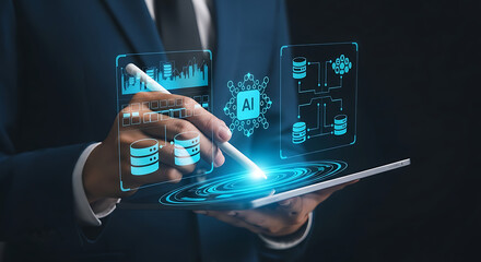 Innovating with AI Person using a tablet for data analysis and machine learning insights