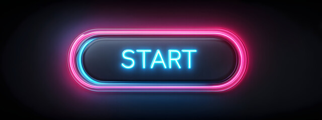Vibrant neon start button with glowing pink and blue lights, designed for a modern user interface or interactive digital experience