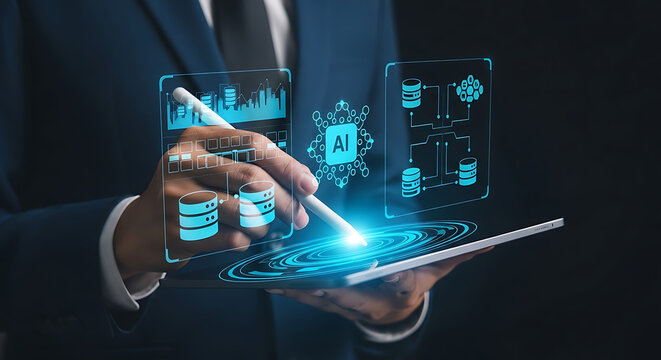 Innovating with AI Person using a tablet for data analysis and machine learning insights - Powered by Adobe