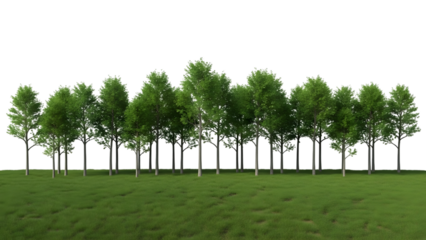 Row of green trees on grass isolated on a transparent background field nature
