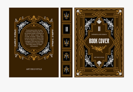 Classic vintage book cover and spine with gold and black art deco, art nouveau ornament, decorative frame, elegant retro style for classic publications, posters, artistic layouts