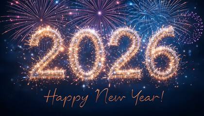 Festive 2026 New Year celebration card with fireworks and winter stars