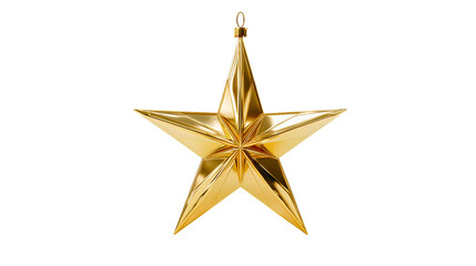 A golden star Christmas ornament isolated on white background, a shiny festive decoration, 3D realistic bauble, holiday symbol cutout.