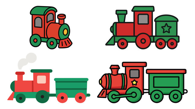 Set of cute Christmas toy trains in red and green, cartoon vector illustration۔