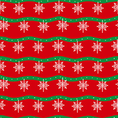 Seamless geometric pattern with green garland and snowflakes, red background.