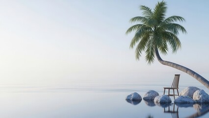 Serene tropical beach scene with palm tree and empty chair
