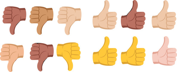 Thumbs up and thumbs down hand gesture icons set diverse skin tones approval disapproval vector illustration