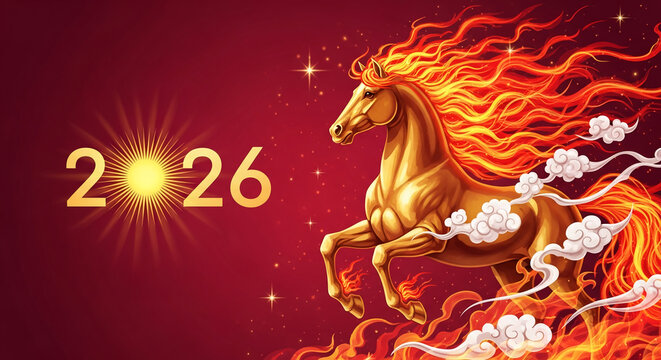 Illustration of golden horse with fiery mane and clouds, representing year 2026, depicted with sun.Symbolic of zodiac, new year, fantasy, banner