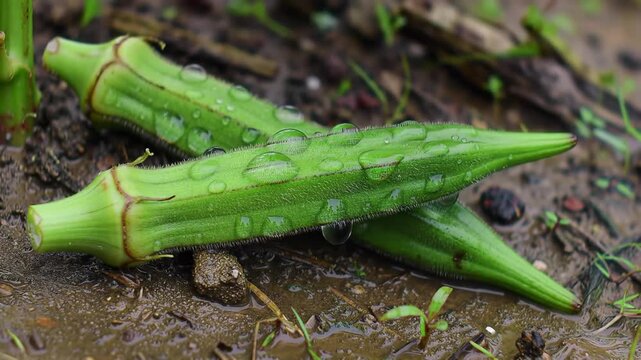 Fresh green okra pod with water droplets resting on wet soil ground