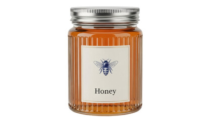 Isolated Honey Jar of Golden Honey with Bee Motif, Preserves, Sweet Food, Tableware, Close-up