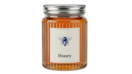 Isolated Honey Jar of Golden Honey with Bee Motif, Preserves, Sweet Food, Tableware, Close-up