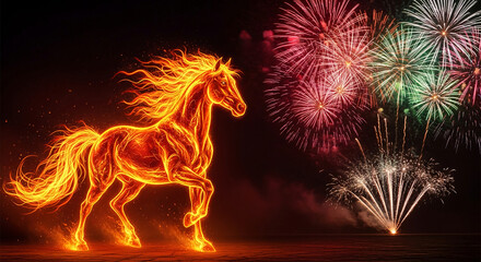 Digital art of luminous horse shape outlined in yellow fire, with colorful fireworks explosion in dark sky. Symbolizing celebration and power