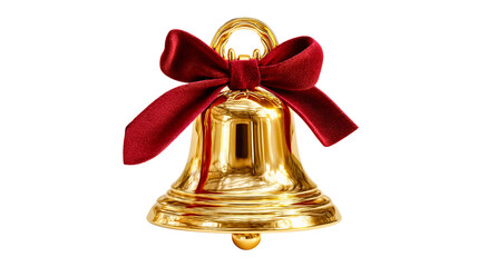 A golden Christmas bell with a large red velvet bow isolated on white background, a shiny festive ornament, 3D realistic holiday decoration cutout.