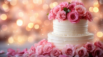 Horizontal wedding banner featuring a white two-tiered cake decorated with pink roses