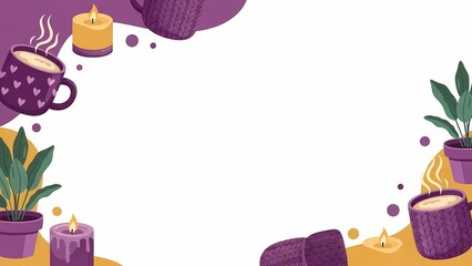 Cozy autumn background with steaming mugs of hot drinks and flickering candles, perfect for a warm greeting card