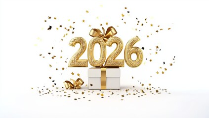 Golden 2026 numbers with gift box and confetti on white background new year