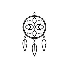 Hand drawn dreamcatcher illustration featuring intricate floral mandala inside a circle hoop with hanging feathers for good dreams