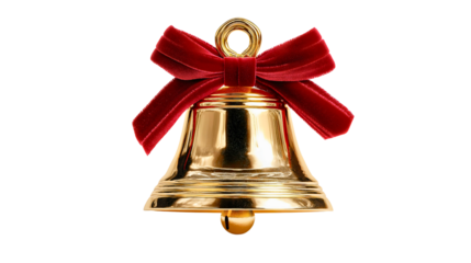 A golden Christmas bell with red bow and visible clapper isolated on white background, a jingle bell ornament, realistic holiday decoration, festive symbol.