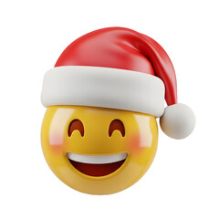 3D Smiling Christmas Emoji with Santa Hat on White Background, Glossy Yellow Face, Festive Holiday Emoji Icon