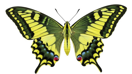Isolated yellow swallowtail butterfly facing forward, perched with elegant wing patterns
