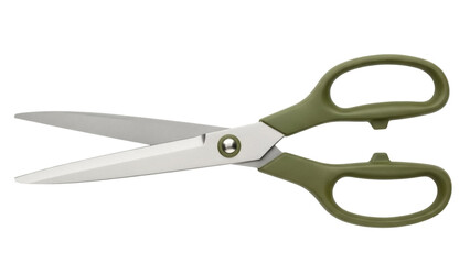 Isolated open scissors with olive green handles, ready for craft projects or office use