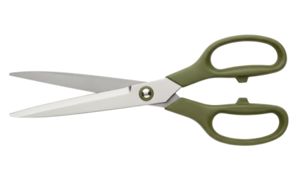 Isolated open scissors with olive green handles, ready for craft projects or office use